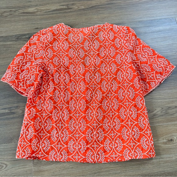 Sezane Antika Blouse Ecru On Coral 38 Fr US 6 Embroidered Button V-Neck Eyelet - Picture 6 of 11